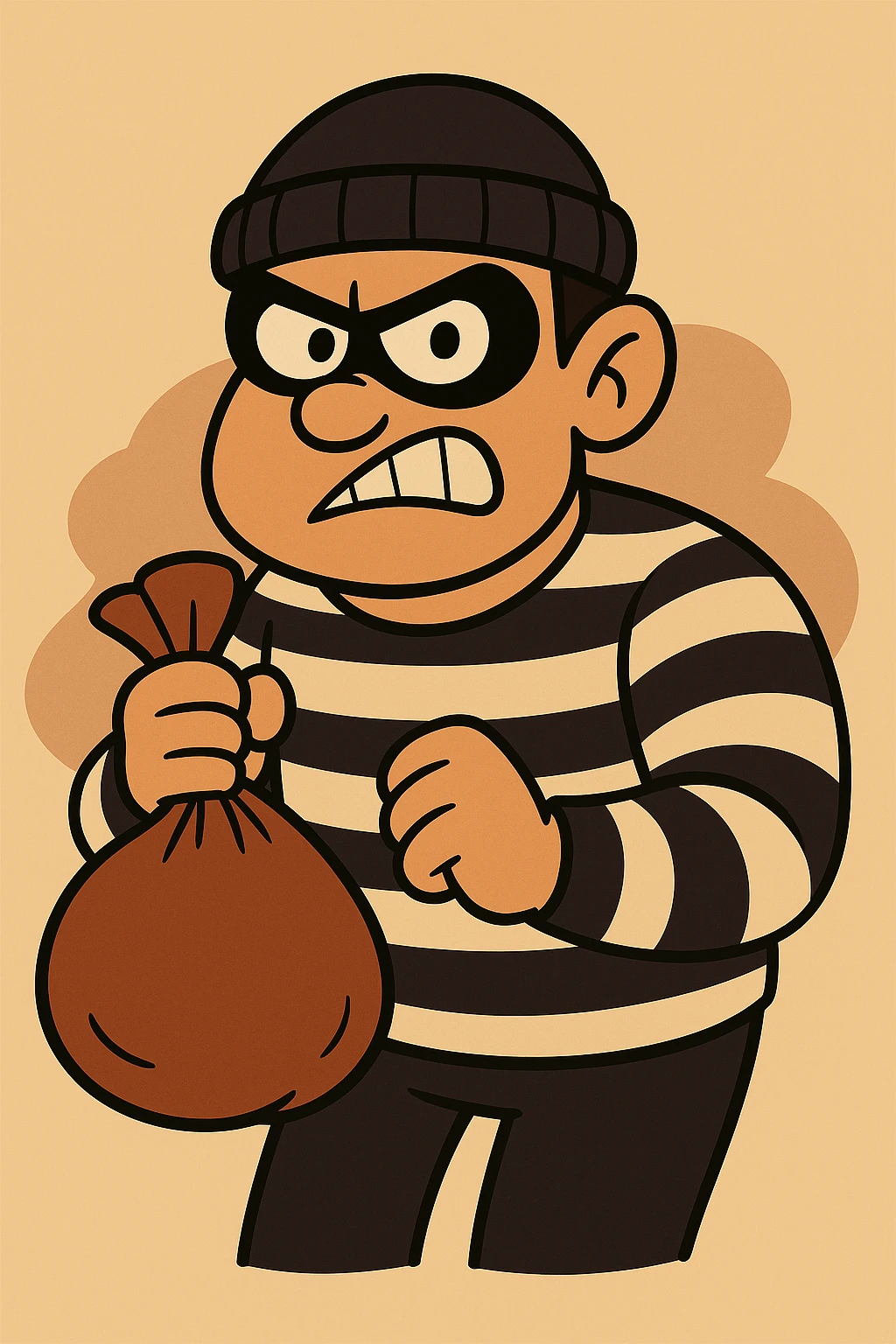 Add a bag of money to the robber character, maintaining the same flat toon style with vibrant colors and clear details consistent with the original image. emoji