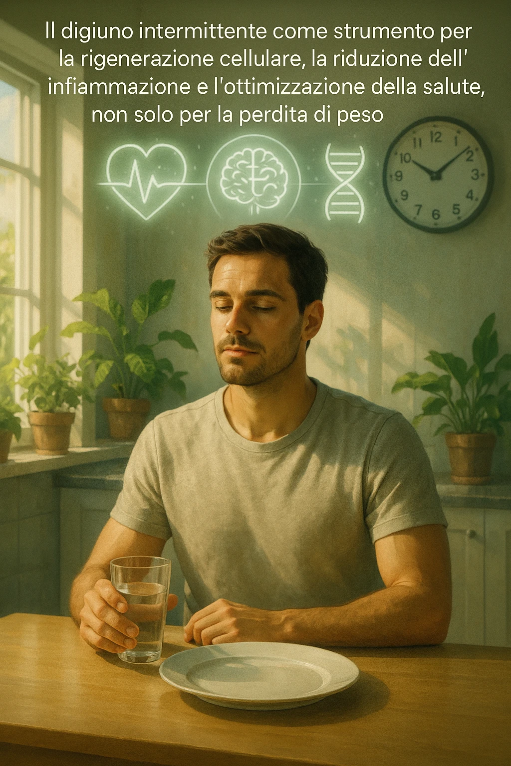 A realistic, cinematic illustration of a healthy, calm man in his early 30s sitting in a bright kitchen in the morning, with an empty plate in front of him and a glass of water in his hand, looking serene and focused. Behind him, the background shows subtle symbols of health: green plants, sunlight streaming in, and a blurred wall clock showing 10:00, symbolizing the fasting window. Above the man, a translucent overlay of medical icons (heart, brain, DNA strand) glows softly, illustrating that intermittent fasting acts as a powerful medicine, not merely a diet. The color palette is fresh and natural, emphasizing health, clarity, and focus. The style is realistic with slight cinematic tones, conveying that the man is using intermittent fasting as a tool for cellular regeneration, inflammation reduction, and health optimization rather than weight loss in italiano emoji