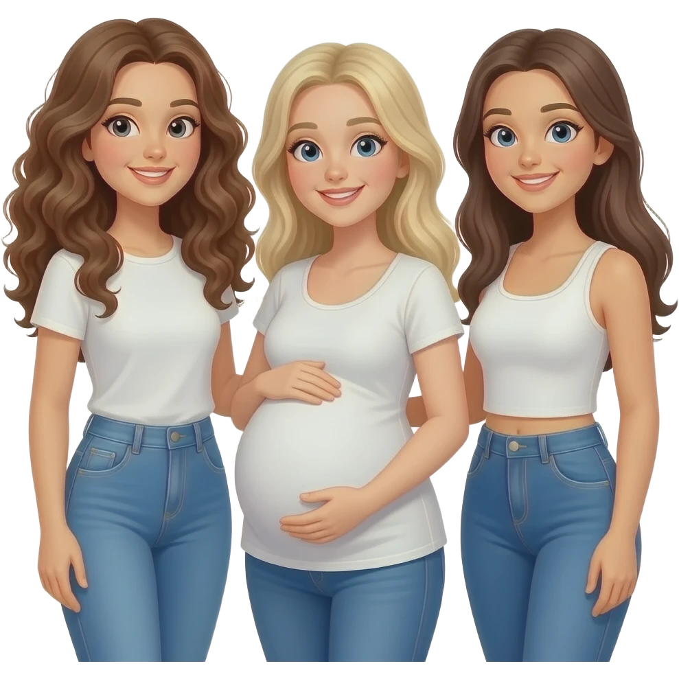 3 Caucasian girl  friends 1 tall with long curly hair, 1 white brunette pregnant,  1 brunette emoji