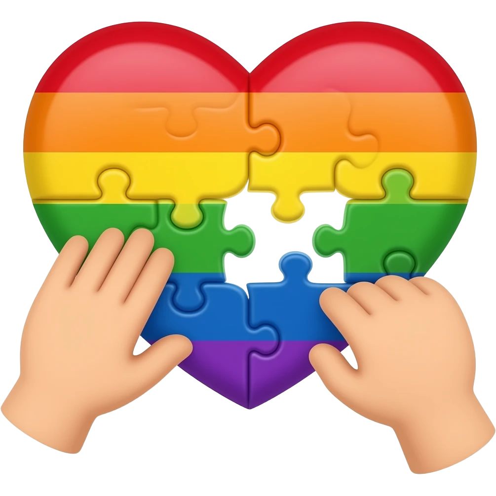 heart rainbow puzzle with one adult hand and one children hand making the puzzle emoji
