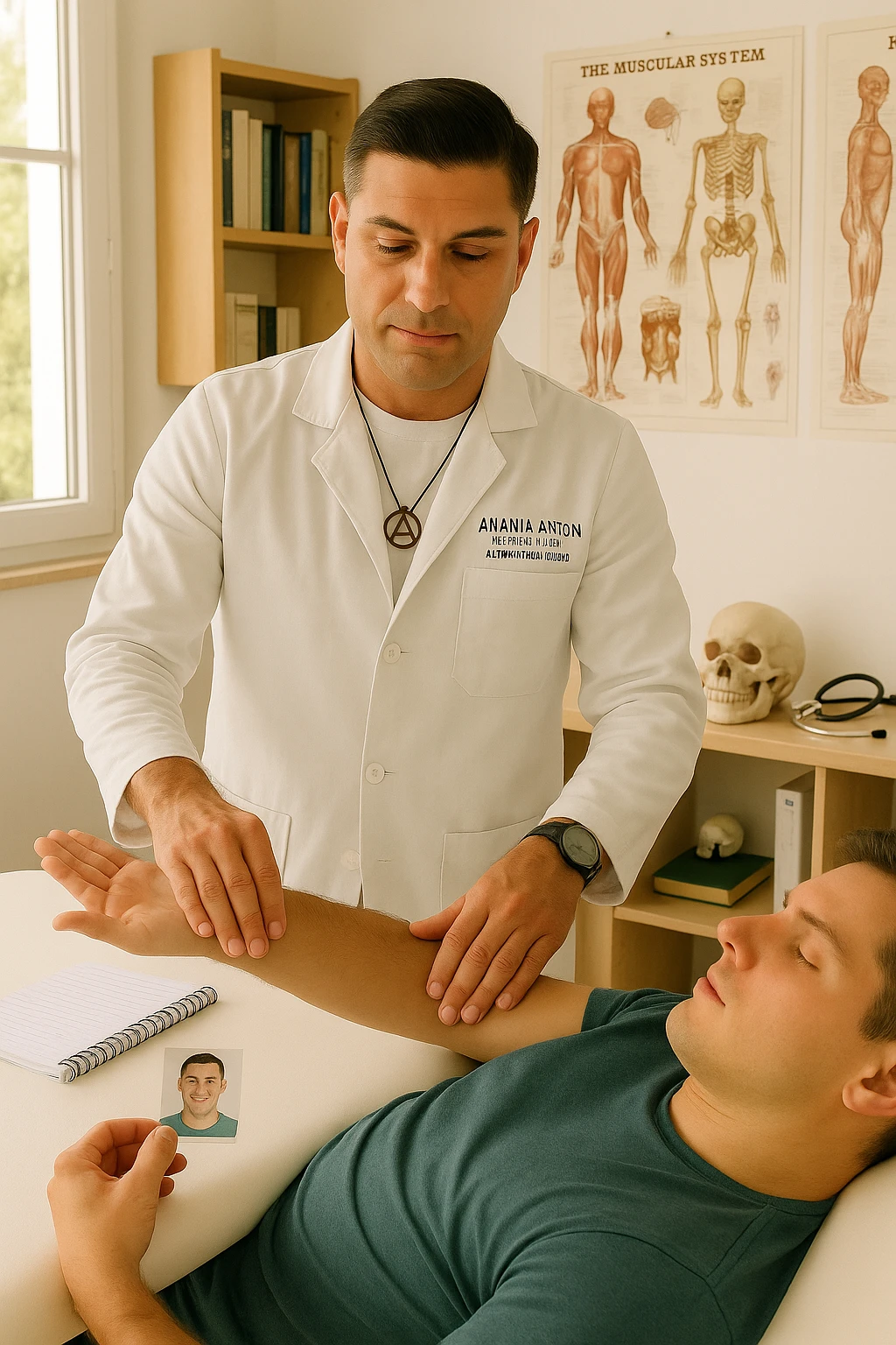 a middle-aged man, dressed in casual professional attire, is in a bright, organized therapy studio. Durante una visita di kinesiologia, il praticante tiene con una mano la foto di una persona lontana (il “testimone”) appoggiata su un tavolo, mentre con l’altra mano esegue un test muscolare su un cliente presente. Sullo sfondo si vedono libri di kinesiologia, poster anatomici e strumenti tipici della disciplina. L’atmosfera è concentrata e serena, con luce naturale che entra dalla finestra, sottolineando l’aspetto alternativo e umano della pratica. emoji