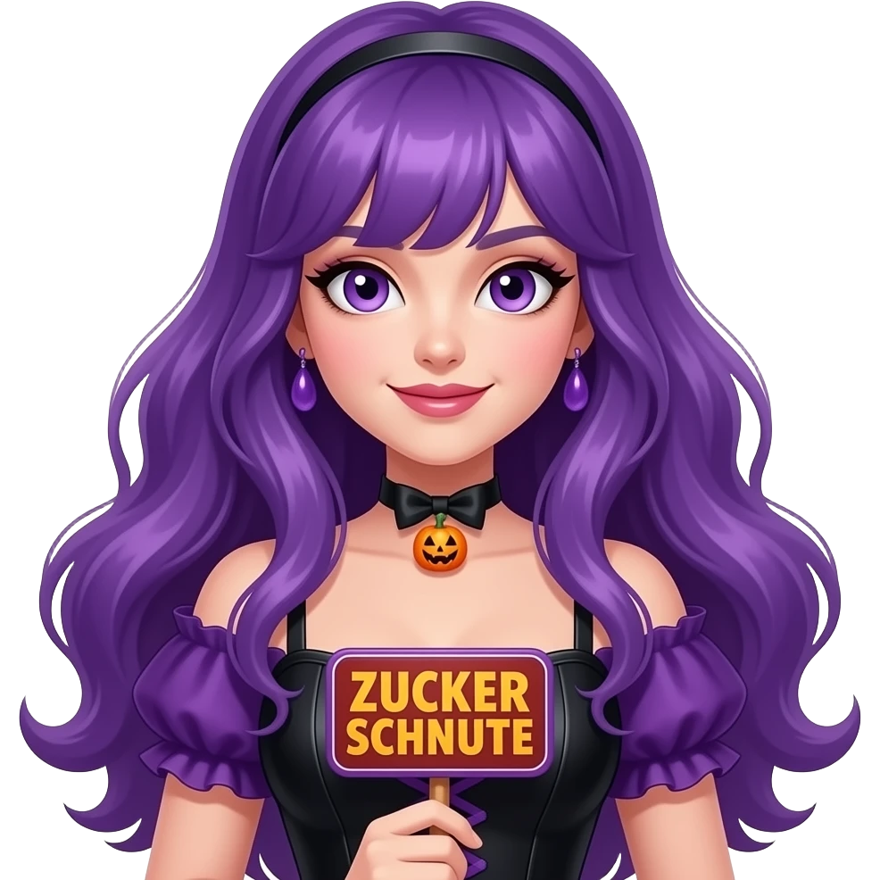 sexy girl with long purple hair and purple eyes wearing a halloween dress holding a ZUCKER SCHNUTE sign emoji