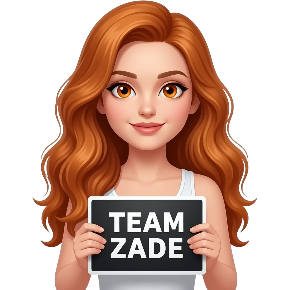 sexy girl with long wavy ginger hair and ginger eyes wearing a white tanktop is holding a black colored sign with TEAM ZADE written on it emoji