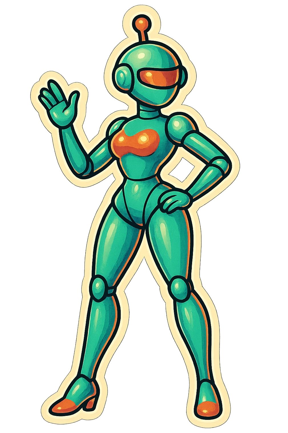 slim female robot, retro sticker style, clean lines, bold colors emoji