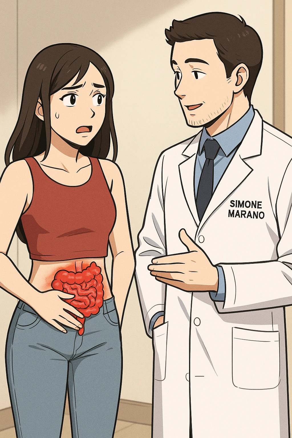 prendi spunto da questo stile di disegno e fai un webtoon/manga a colori con questo nutrizionista in camice bianco (fagli la scritta "SIMONE MARANO" SUL CAMICE) in piedi CHE PARLA CON UNA RAGAZZA in piedi accanto a lui. la ragazza GLI chiede UNA COSA preoccupata mentre si tocca la pancia e ha un intestino umano infiammato sulla pancia, e IL NUTRIZIONISTA CON IL CAMICE BIANCO le risponde mentre annuisce. la ragazza falla mora, con top rosso e jeans chiari, NON FARE I FUMETTI, FAI SOLO LORO COME SE DIALOGASSERO, falli a figura intera. la ragazza falla a sinistra e il nutrizionista a destra emoji