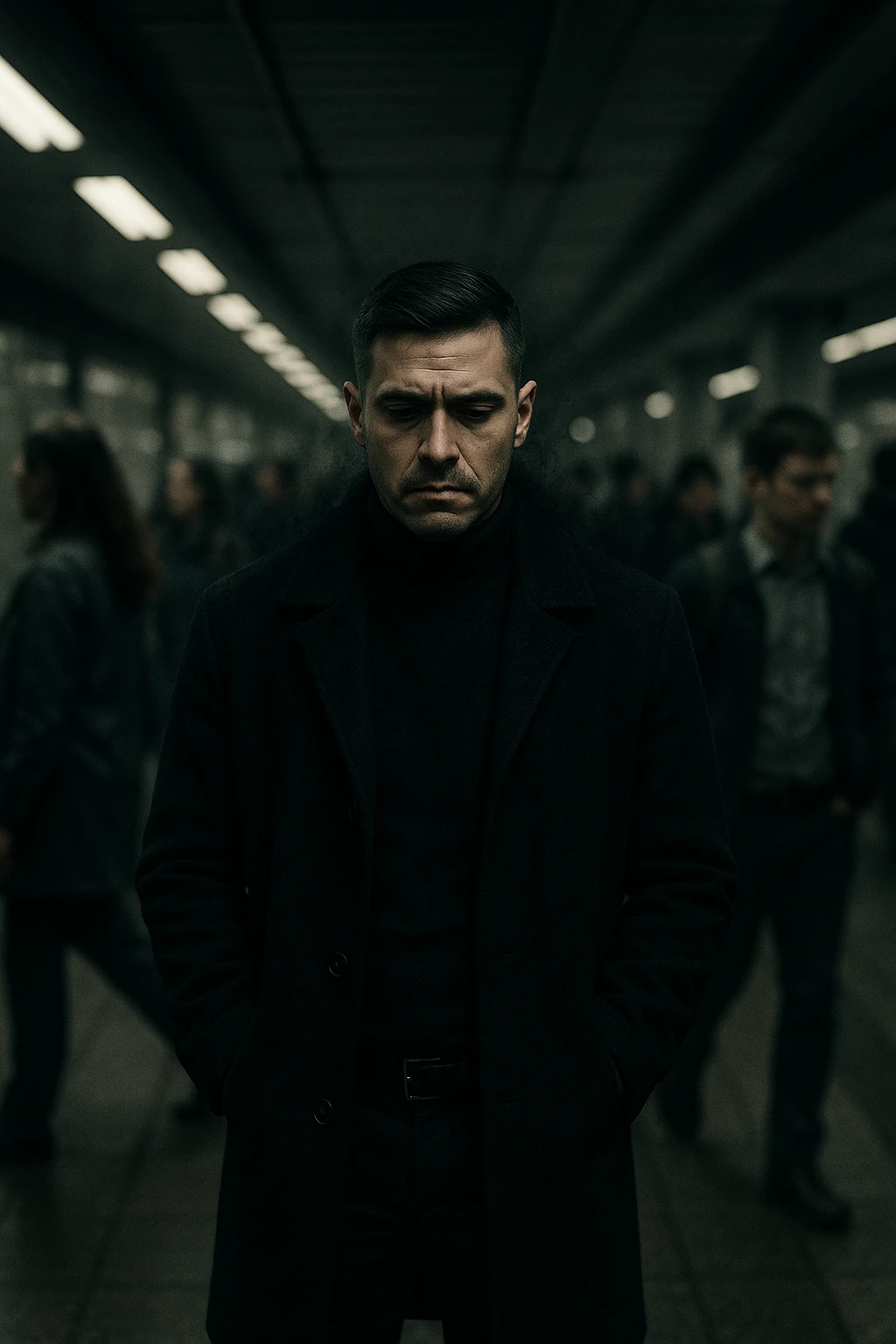 A cinematic shot of a man in his early 30s standing still in the middle of a crowded urban environment — perhaps a subway platform or office hallway — surrounded by blurred, cold-looking people facing away from him or speaking among themselves, ignoring him completely. The man has a heavy, emotionally drained expression, shoulders slightly slouched, hands in his coat pockets. He stands out in sharp focus while the others are dimly lit, grey-toned, and in motion blur. The lighting is harsh and cool, with strong shadows and low saturation to emphasize emotional isolation. A subtle dark aura or mist lingers around the man’s body, visually conveying the weight of negativity and emotional pressure. Shot in 35mm cinematic style, high realism, with a desaturated color palette and shallow depth of field emoji