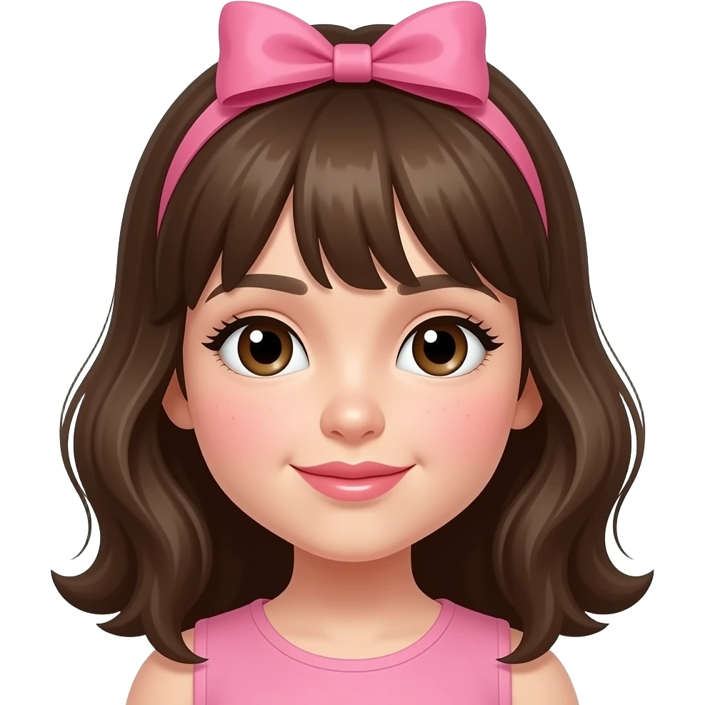 Niña de pelo castaño con lazo rosa blanca de piel ojos marrones colorete en las mejillas y glos en los labios emoji