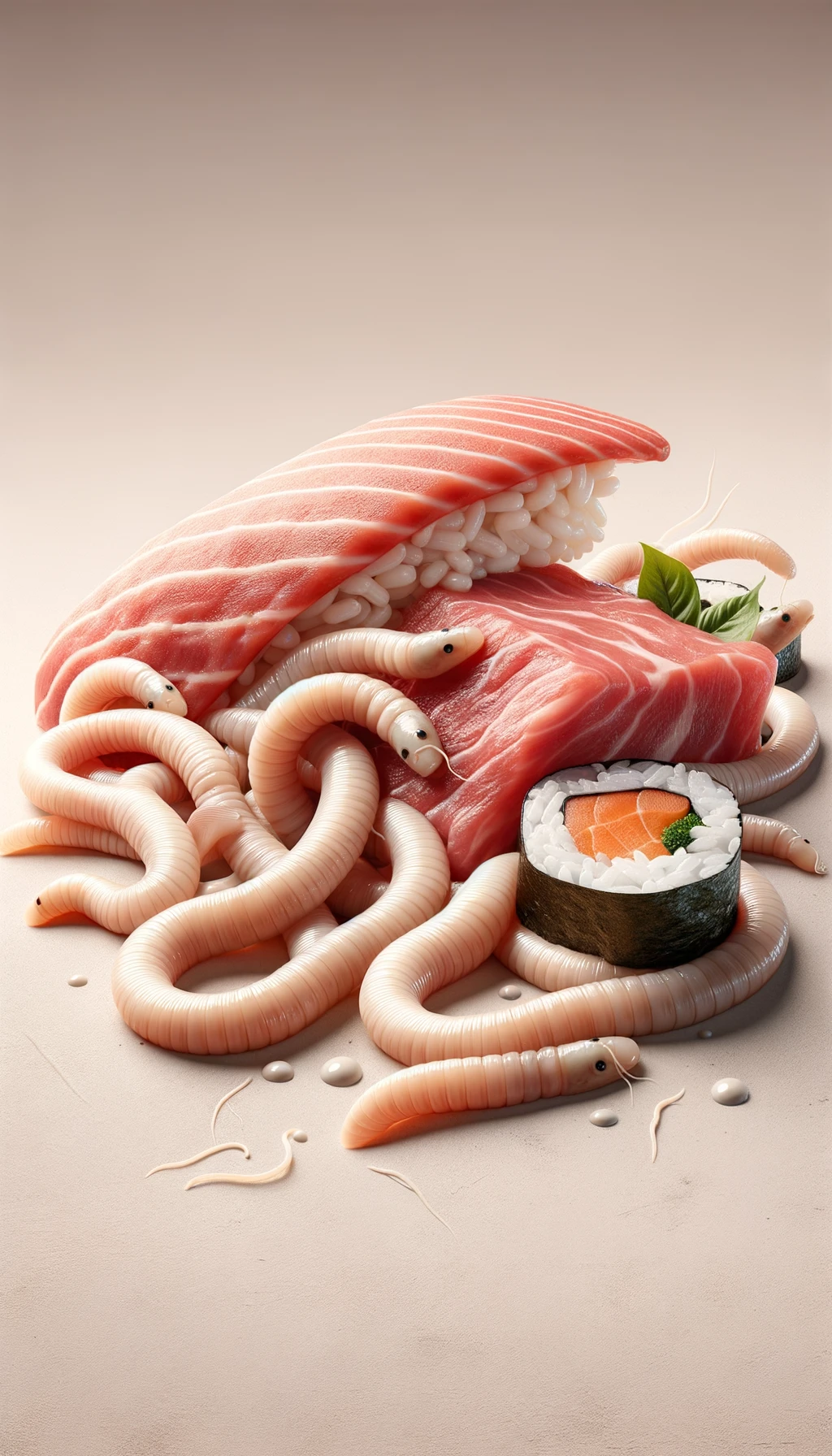 carne cruda fluttua insieme a sushi, intorno a loro fluttuano vermi lunghi e beige chiaro, sfondo neutro chiaro, iperrealistico 4k emoji