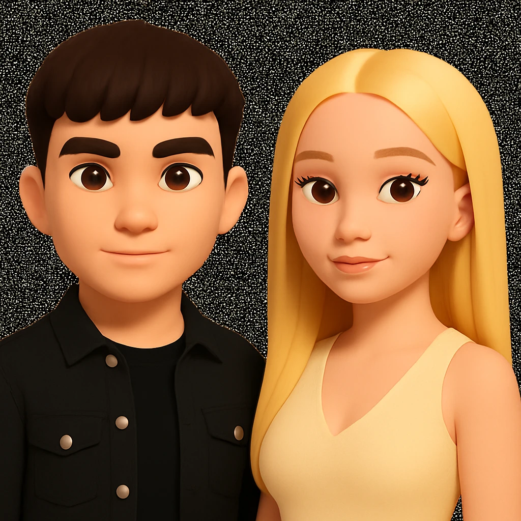 Slightly increase the volume of the upper body of the girl, significantly spread them apart from each other, make the skin color the same for both characters, keep the cartoon style as in the reference image. emoji