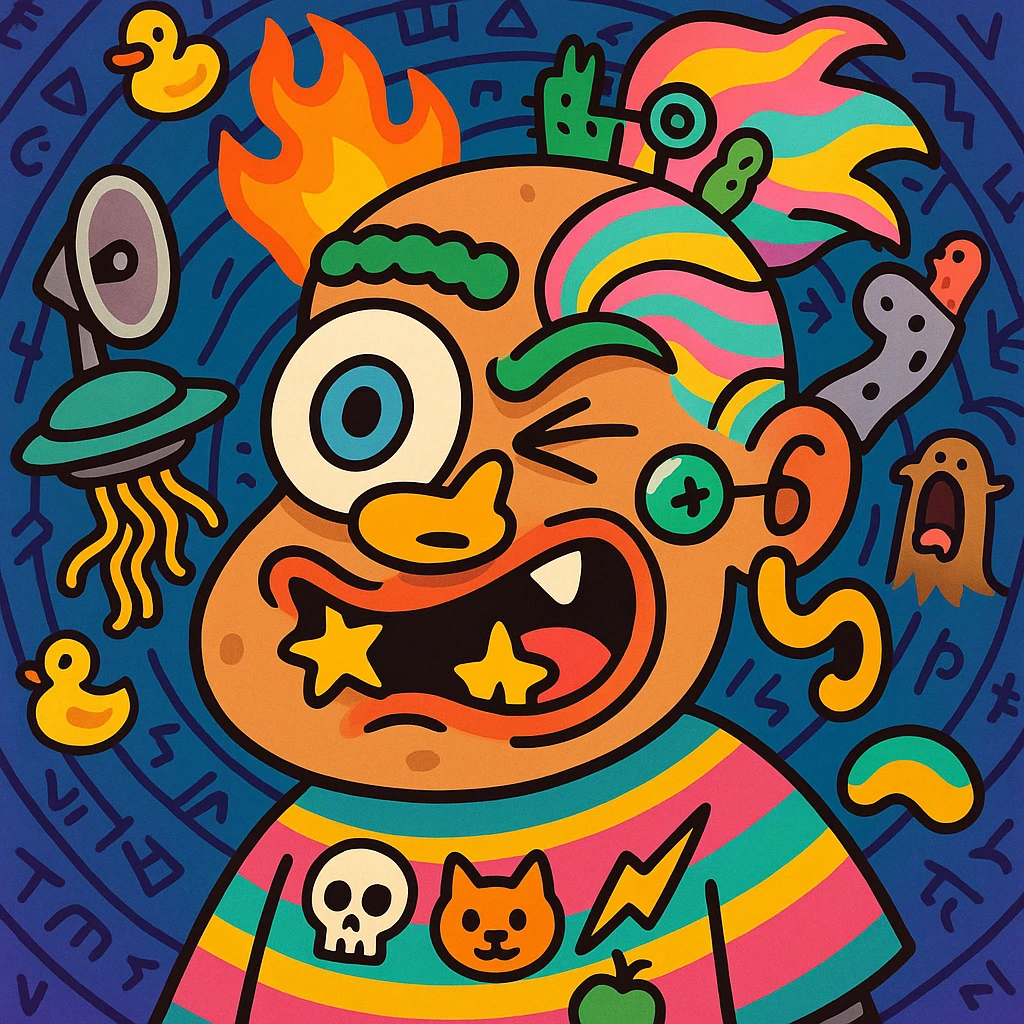 chaotic character with lumpy potato-shaped face, one side stretched, huge spinning googly eye, tiny angry bloodshot dot eye, mouth glitching between smirk and scream with two star-shaped teeth, big whistling nostril nose, lightning bolt eyebrow, caterpillar eyebrow, satellite dish ear, sock puppet ear, half fire half pastel rainbow hair with tiny cactus wearing monocle, floating UFO accessory dropping spaghetti, robotic vibrating body in neon poncho with floating skull, cat, and fruit emojis, background is swirling vortex of rubber duckies, ancient runes, and a screaming ferret emoji