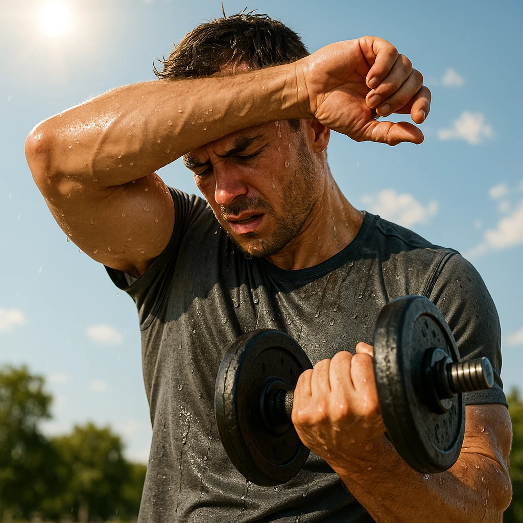 uomo fitness che si allena in estate, tutto sudato, con una mano fa un curl manubri mentre con l'altra mano si asciuga il sudore dalla fronte, espressione affaticata in volto emoji