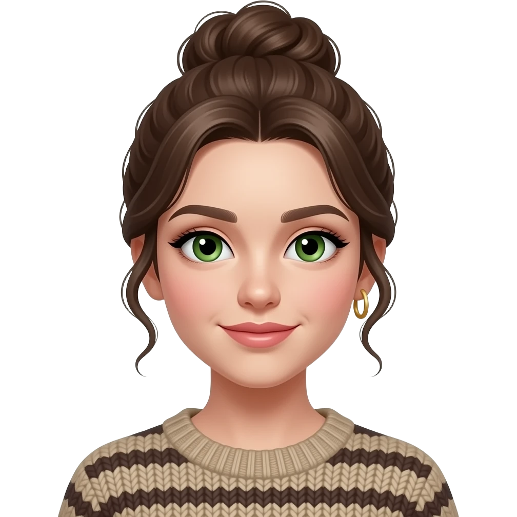 fille brune 18 ans, yeux verts, cheveux en chignon haut ondulés,maquillage, botox, pull, anneaux dorés aux oreilles emoji