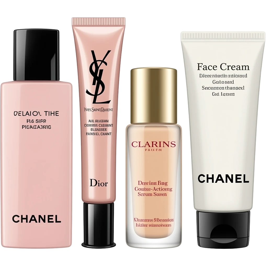 Chanel Pink Lotion, Yves Saint Laurent Eye Cream, Dior Face Cream, Clarins Double-Action Serum, and Chanel Facial Cleanser emoji