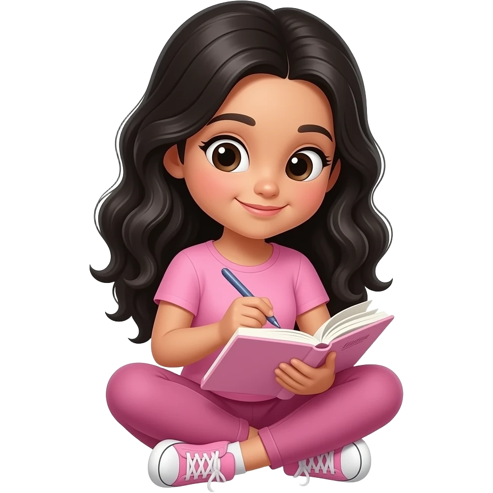 young girl, black waves long hair, pink complete top and leggingg, light skin, writes a diary emoji
