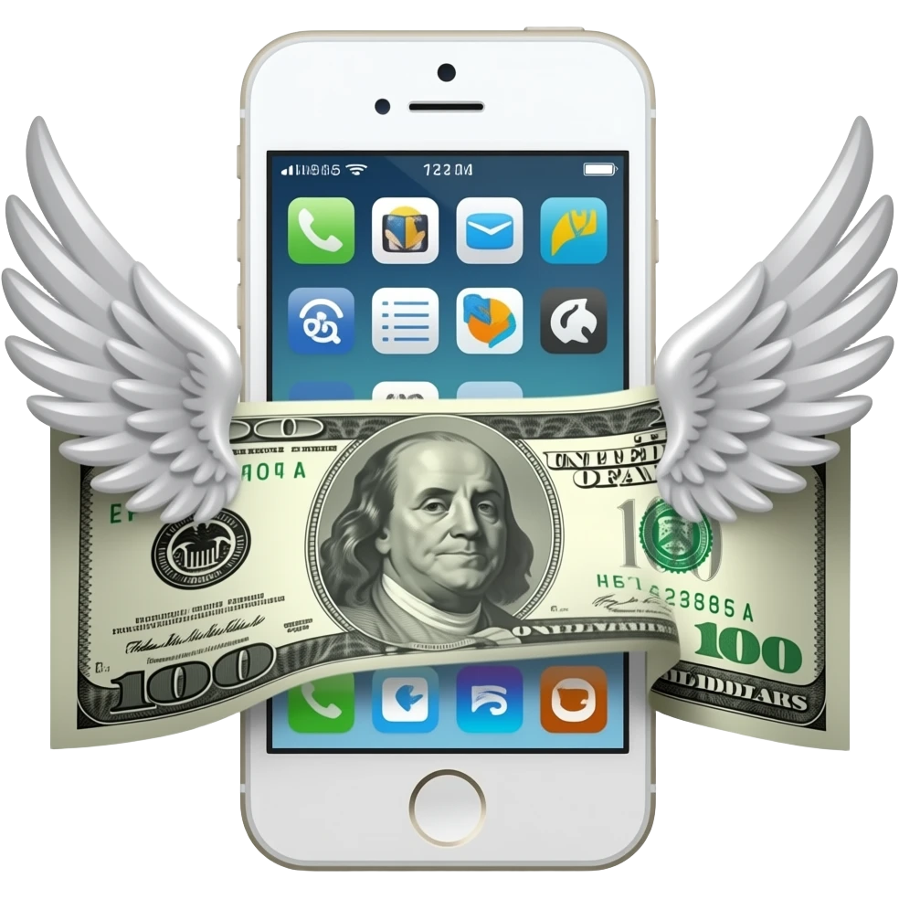 A white iPhone 5s and a dollar bill with wings emoji
