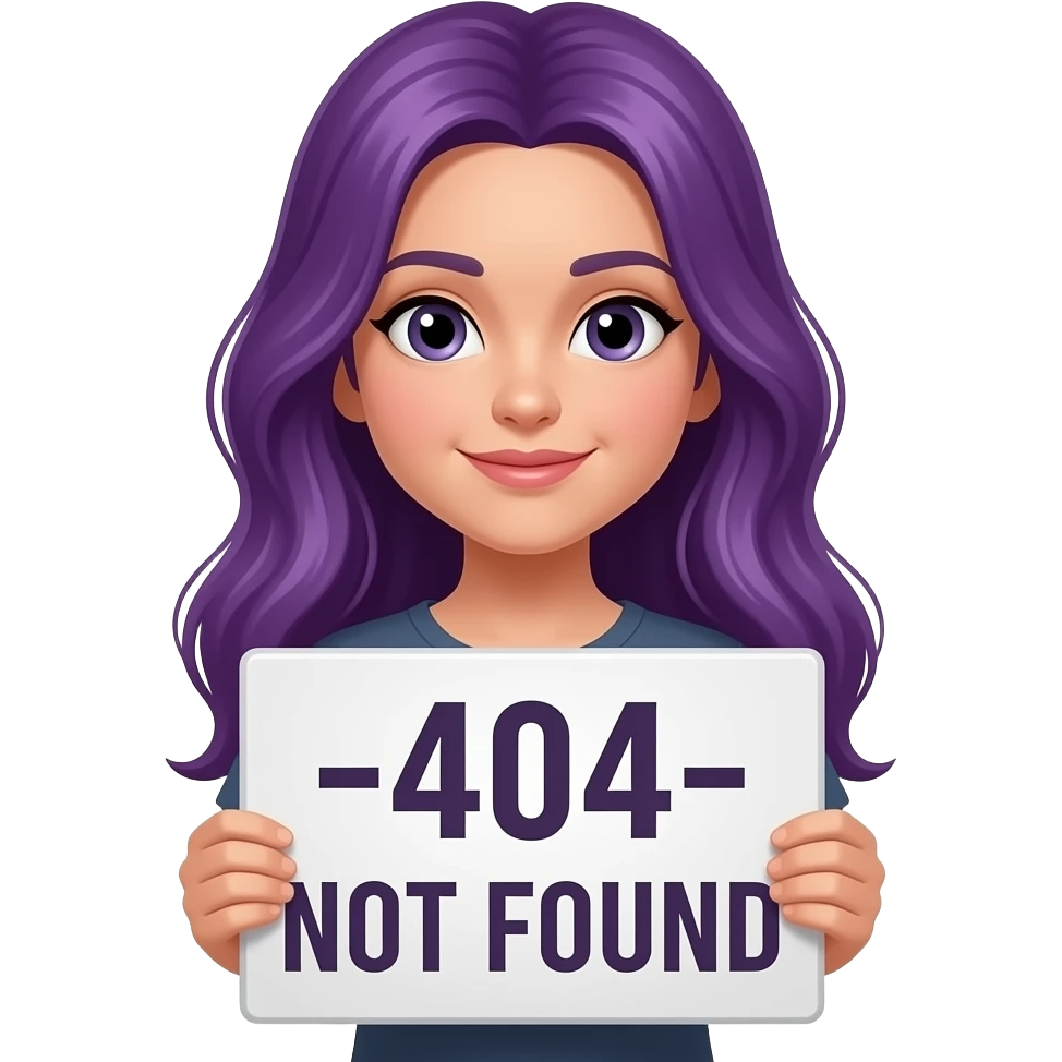 girl with long purple hair holding a -404- NOT FOUND sign emoji