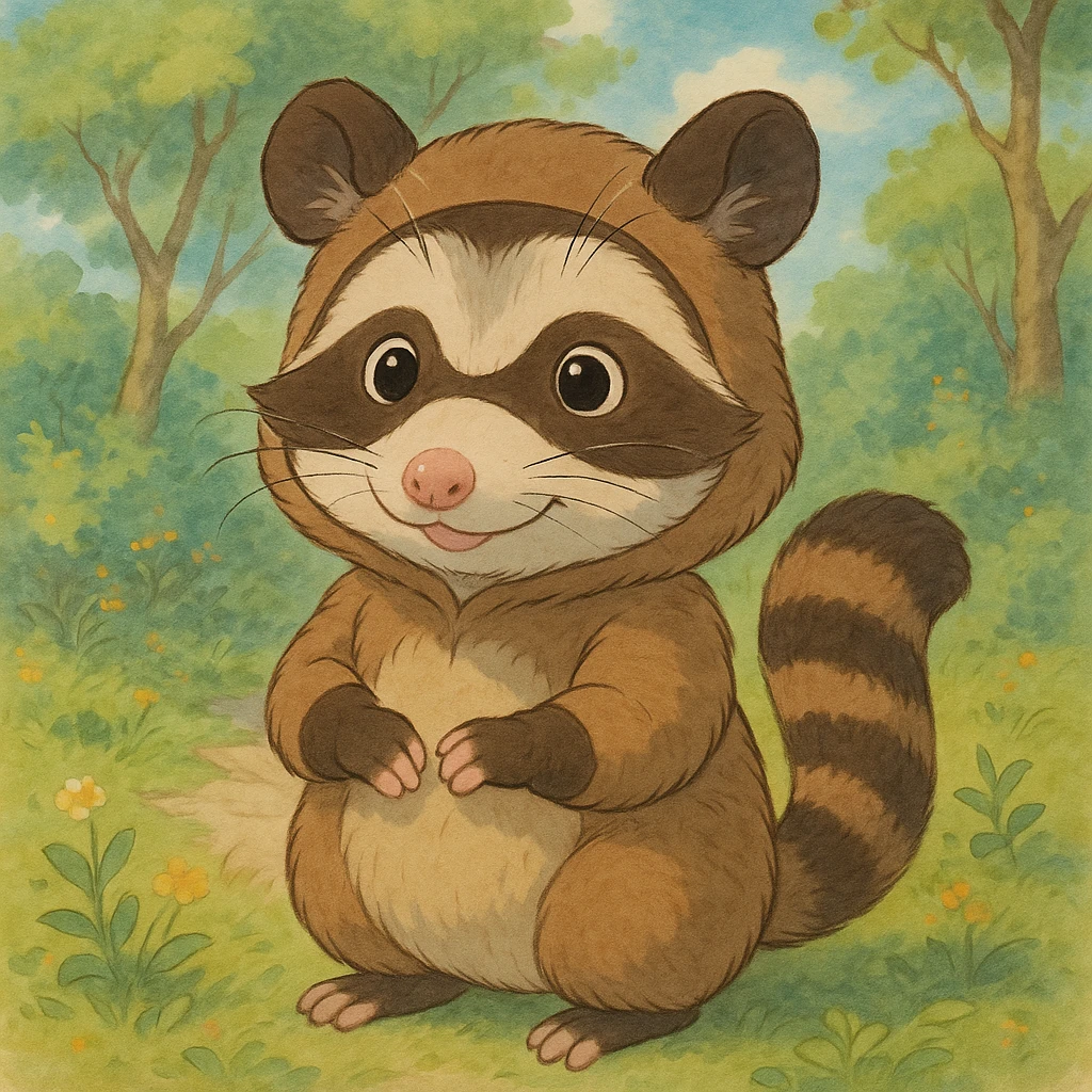 a cute cartoon possum dressed up like a raccoon, studio ghibli style emoji