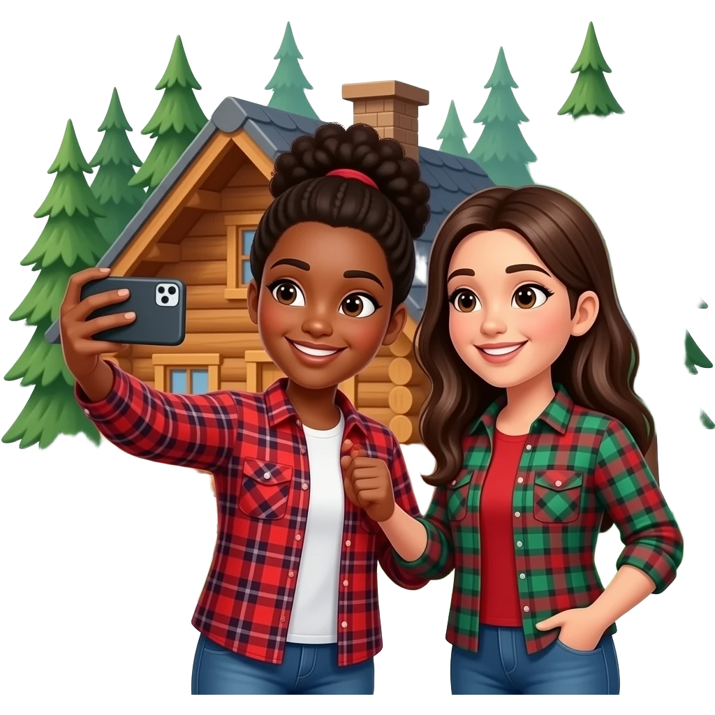 A black girl and spanish girl taking a selfie together in front of a cabin in the woods while wearing flannel emoji