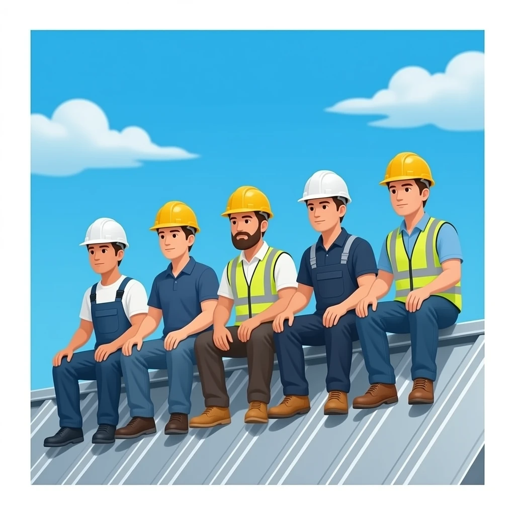 5 men in hard hats sitting on edge of a metal roof emoji