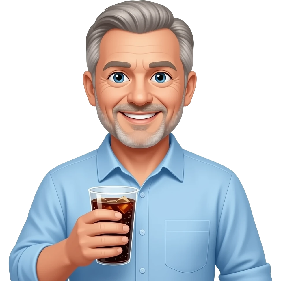 show me a raggad looking pale white man smiling -with a round face- in his 50s in a light blue button down shirt-- clean shaven -with blond salt and pepper hair holding a cup of soda emoji