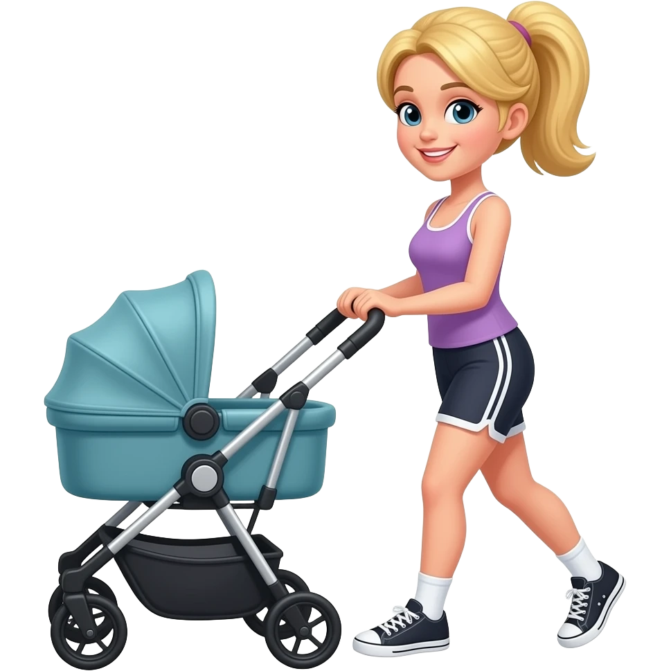 Mom pushing stroller. Blonde hair ponytail In bike shorts sneakers with ankle socks and tanktop emoji