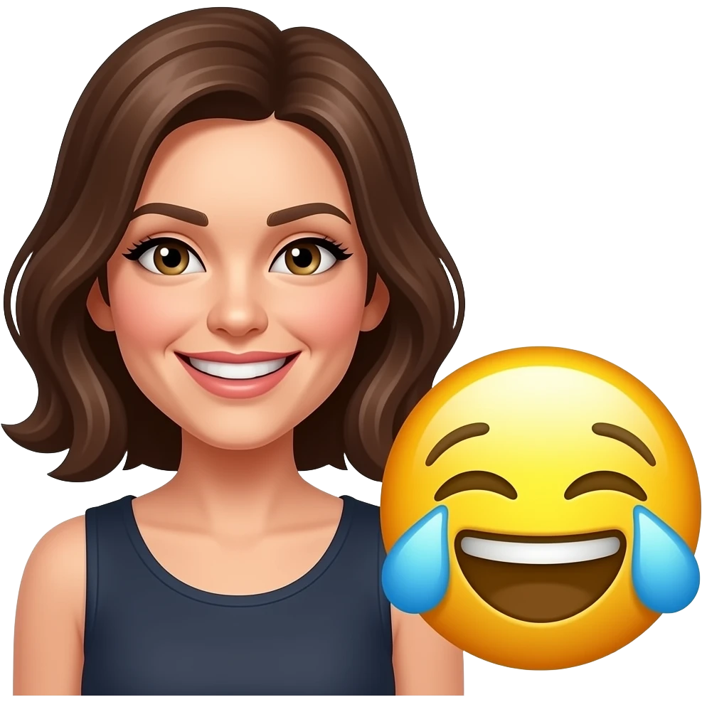 frau mit den mittellangen brauen haaren, sie grinst schelmisch, sie steht neben einem lachendem gelbem emoji, emoji hat tränen vom lachen emoji