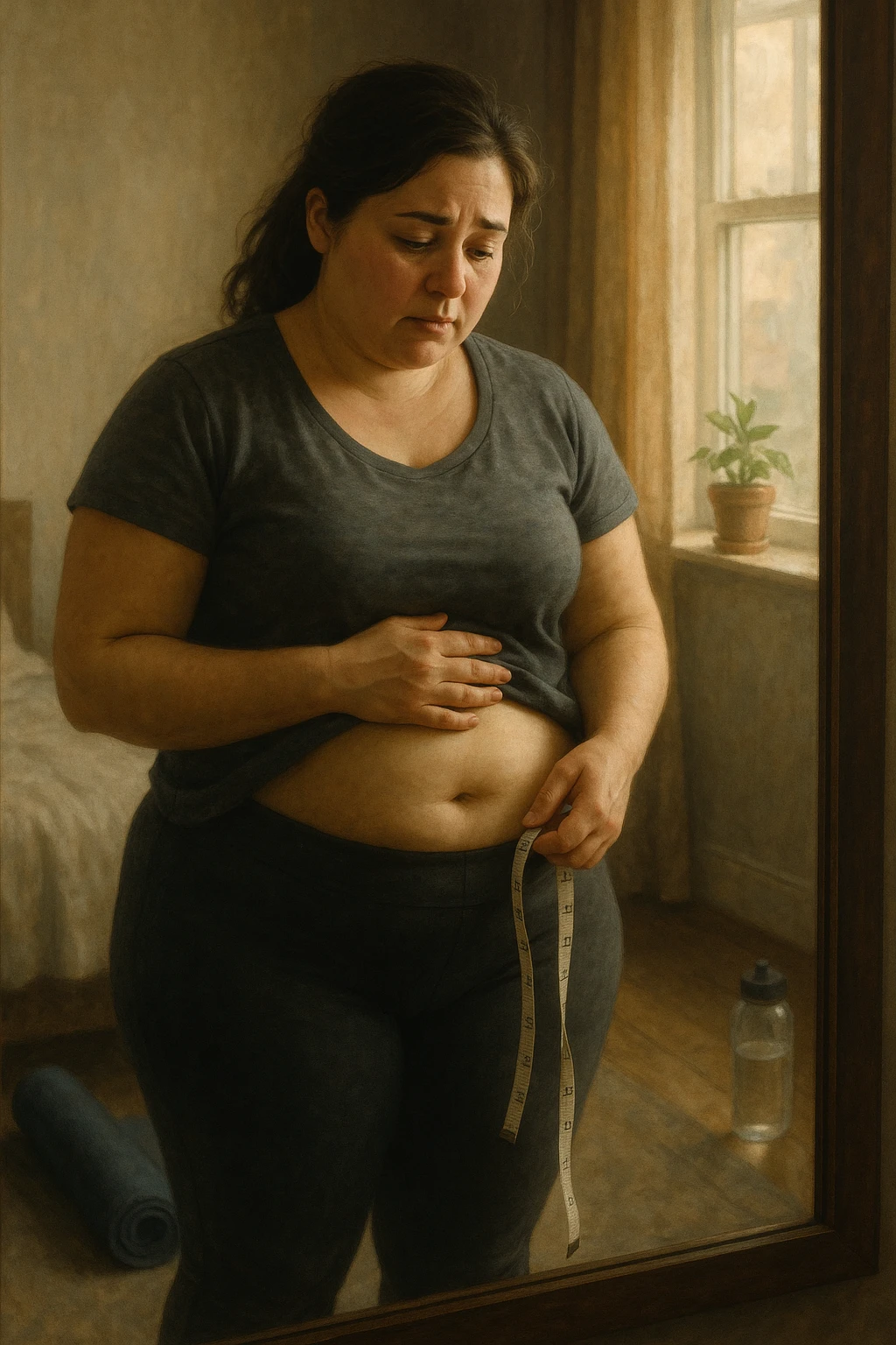 A realistic, cinematic illustration of a woman in her early 30s with a slightly rounded body shape, standing in front of a mirror in a softly lit bedroom, looking at her reflection with a thoughtful, slightly discouraged expression. She is wearing comfortable home workout clothes, holding a tape measure in one hand loosely, while her other hand gently touches her belly area, showing her frustration with slow weight loss progress. The room is cozy, with natural light filtering in, a yoga mat rolled up in the corner, a water bottle, and a small plant on the windowsill. The scene captures the emotional struggle and quiet determination of a woman facing difficulties in losing weight despite her efforts, with warmth and dignity. emoji