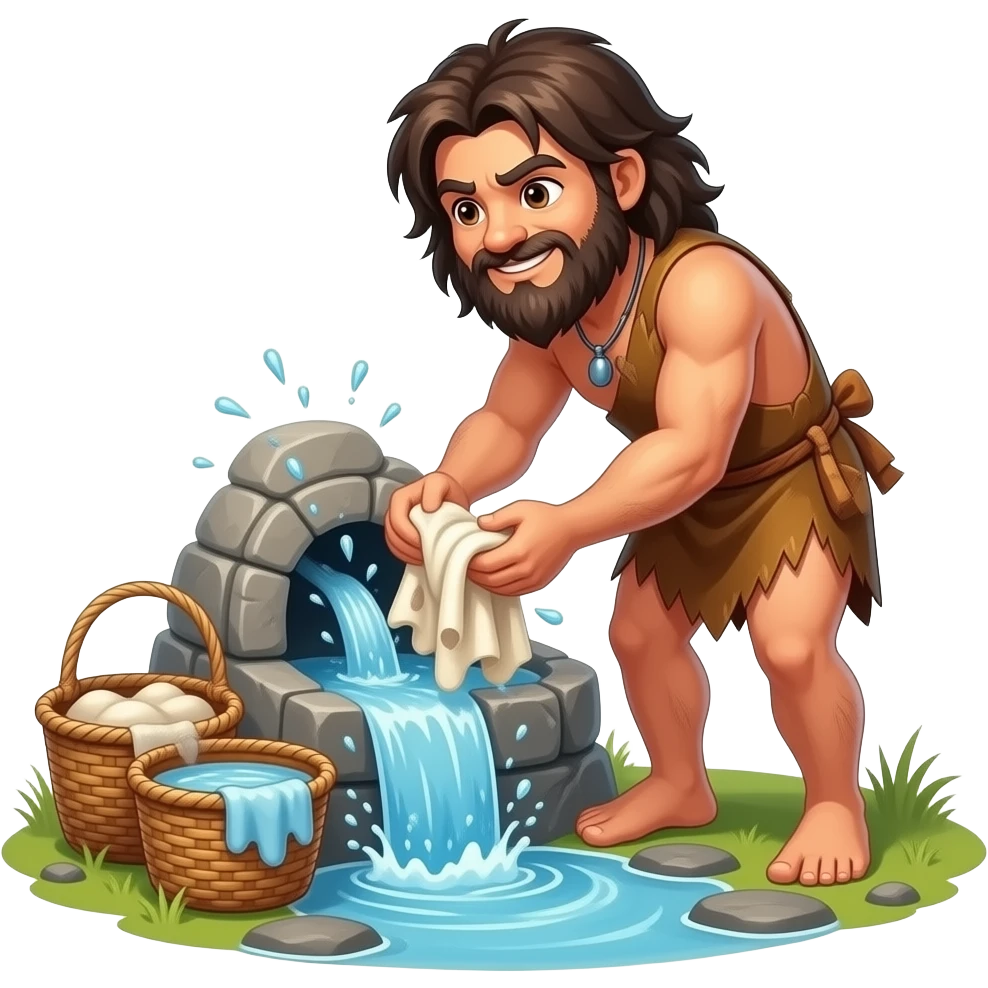 Caveman river rinse caveman animal hide clothes in the stone age washing machine emoji