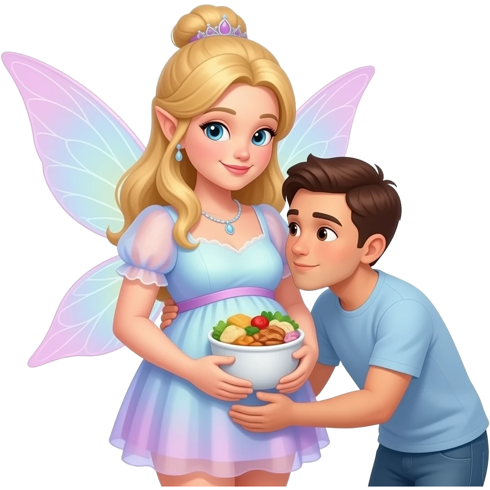 A fairy cradling her stuffed tummy after a big meal,a secret admirer wants to hug her belly and listen to those rumbling digestive noises. emoji