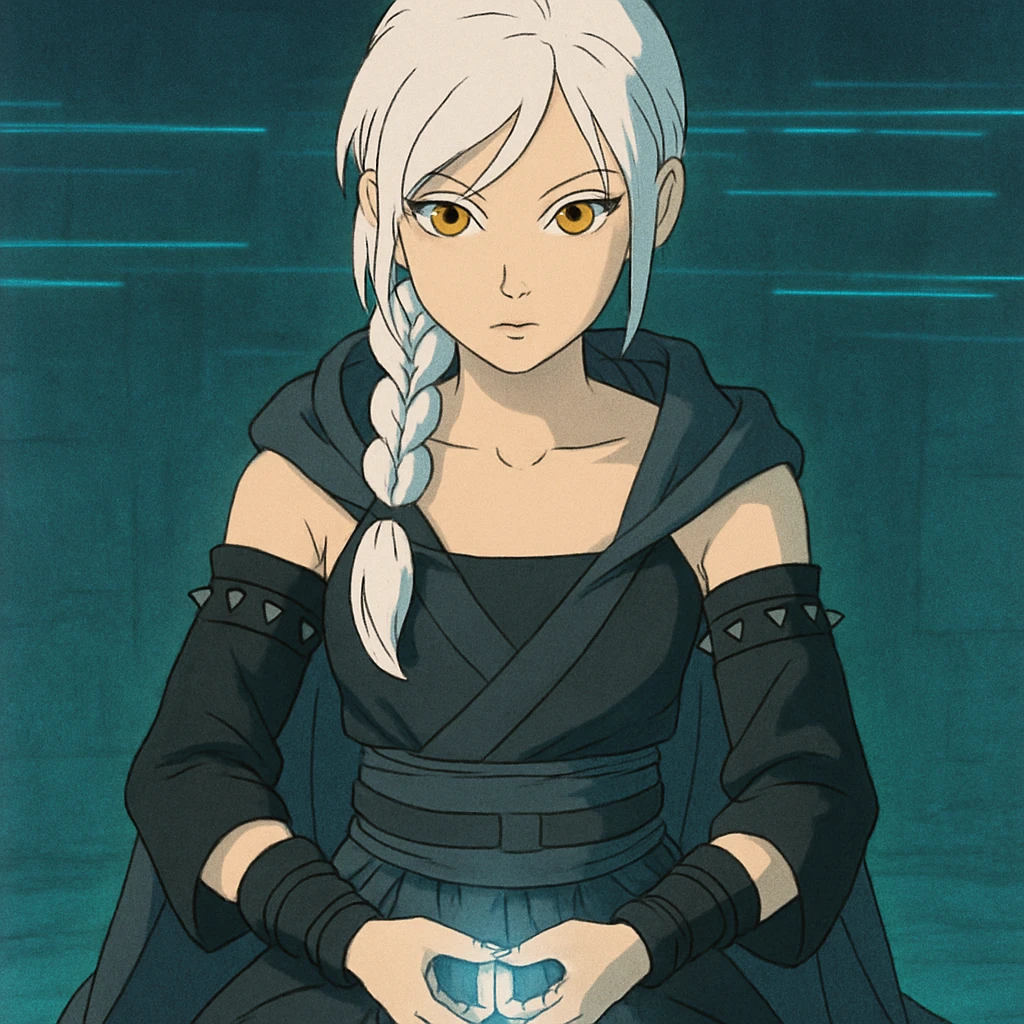  a closeup portrait of young woman with gold yellow eyes, white hair, long braid, black off-shoulder top, punk gothic style, futuristic cyberwave cyberpunk,  jedi attire, kneeling and gathering chi, jedi meditate emoji