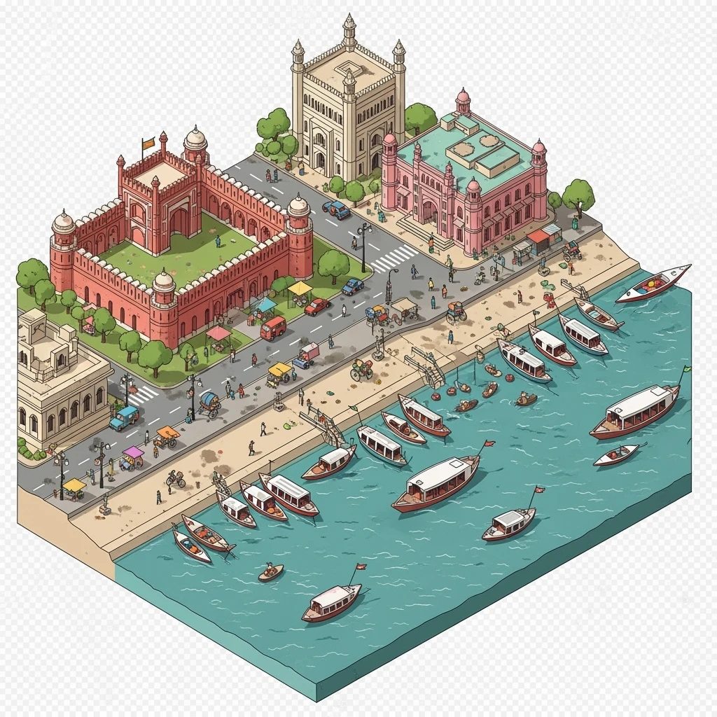Isometric minimalistic illustration of Dhaka – Lalbagh Fort, Ahsan Manzil, bustling river boats, dirty colorful streets, subtle 3D miniature effect and Tilt Shift effect, no cartoonish look, transparent background. emoji