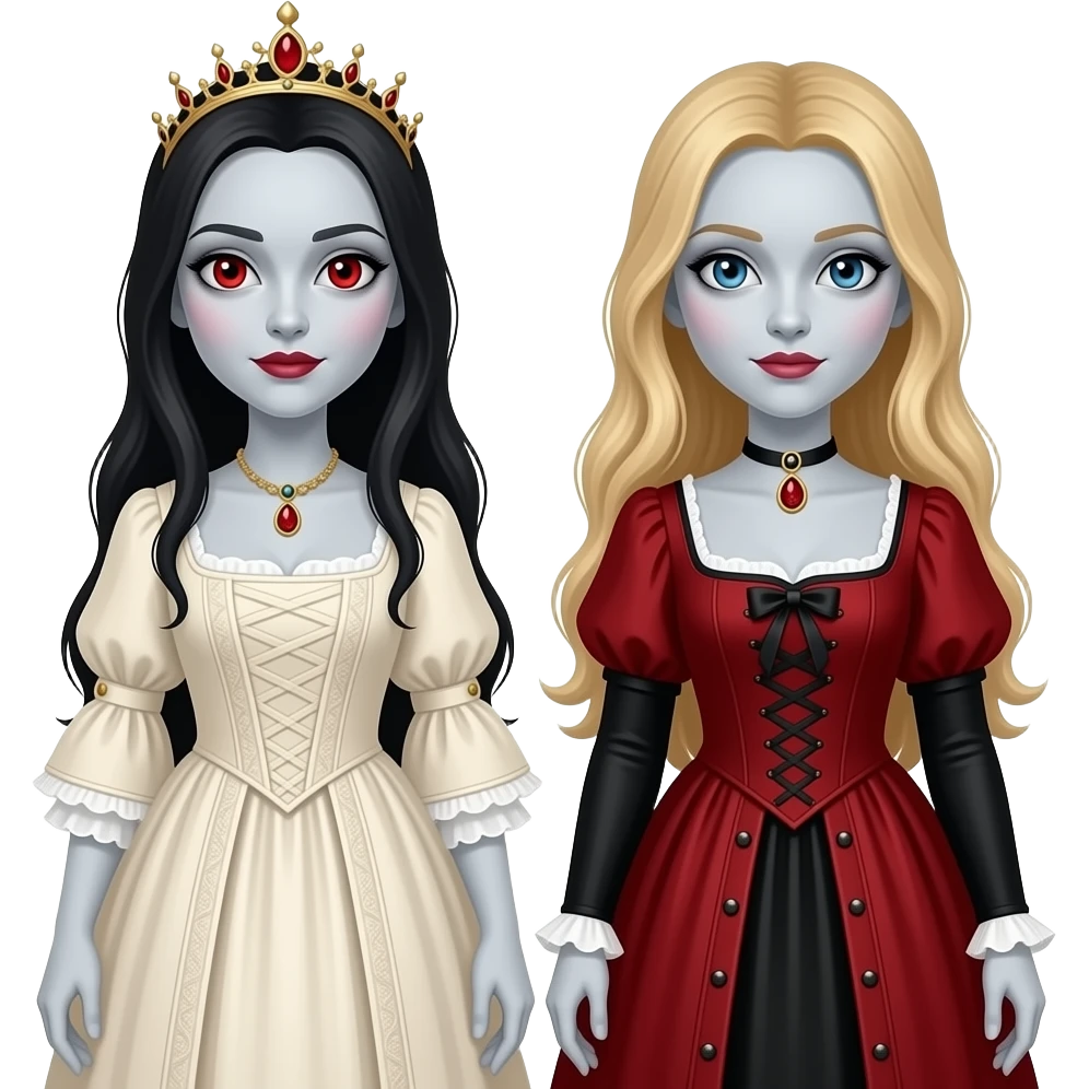 Brides of Dracula with 2 long dark-haired girls with pale-grey skin, red eyes, one ivory queen anne dress, one red queen anne dress, long blond-haired girl with pale-grey skin, blue eyes black queen anne dress emoji