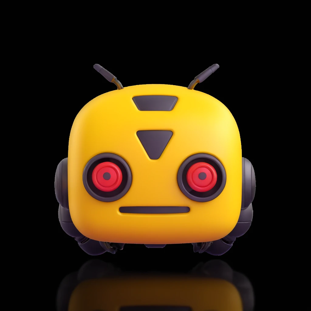 3D rendered emoji of a yellow robot face, blending Bumblebee and Toyota GR86 design, yuzu fruit skin texture, yellow background, black border with rounded corners emoji