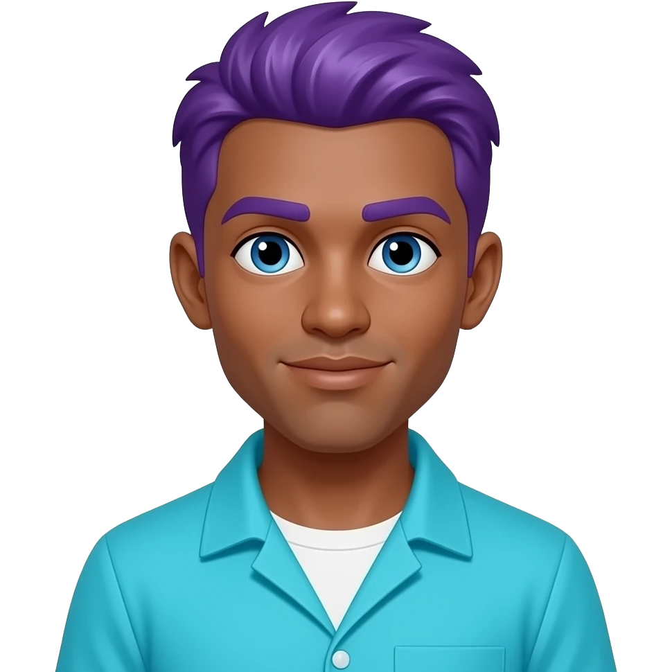 male brown skin all cyan outfit purple hair blue eyy emoji
