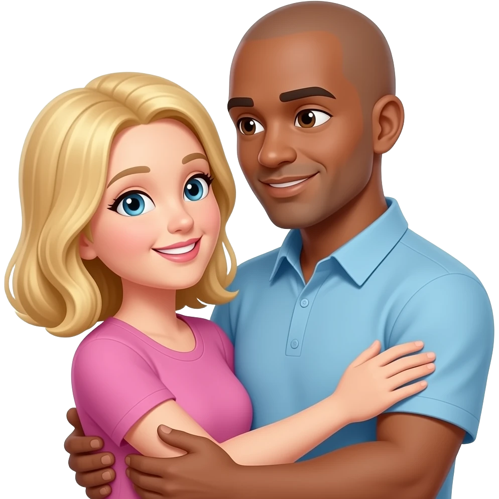 Short Blond haired white woman & taller bald brown man hugging looking at each other emoji