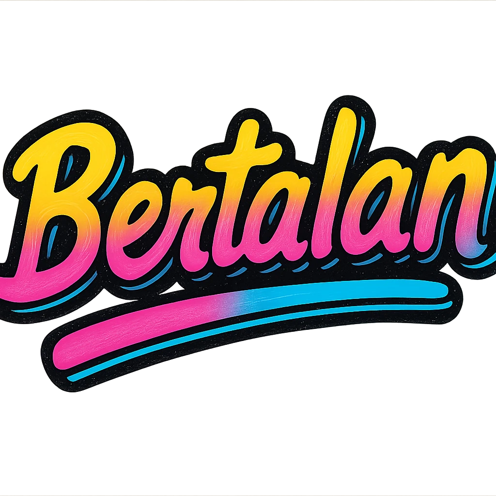 Bertalan name in modern colorful gradient font with dark outline, dynamic slanted or partial underline, in the style of reference patterns emoji