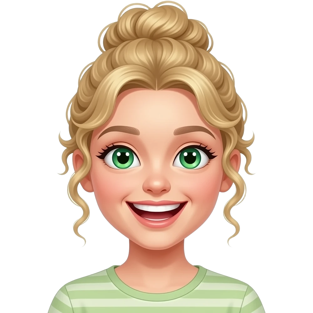 realistic blonde girl with green eyes and curly bun laughing and joking emoji