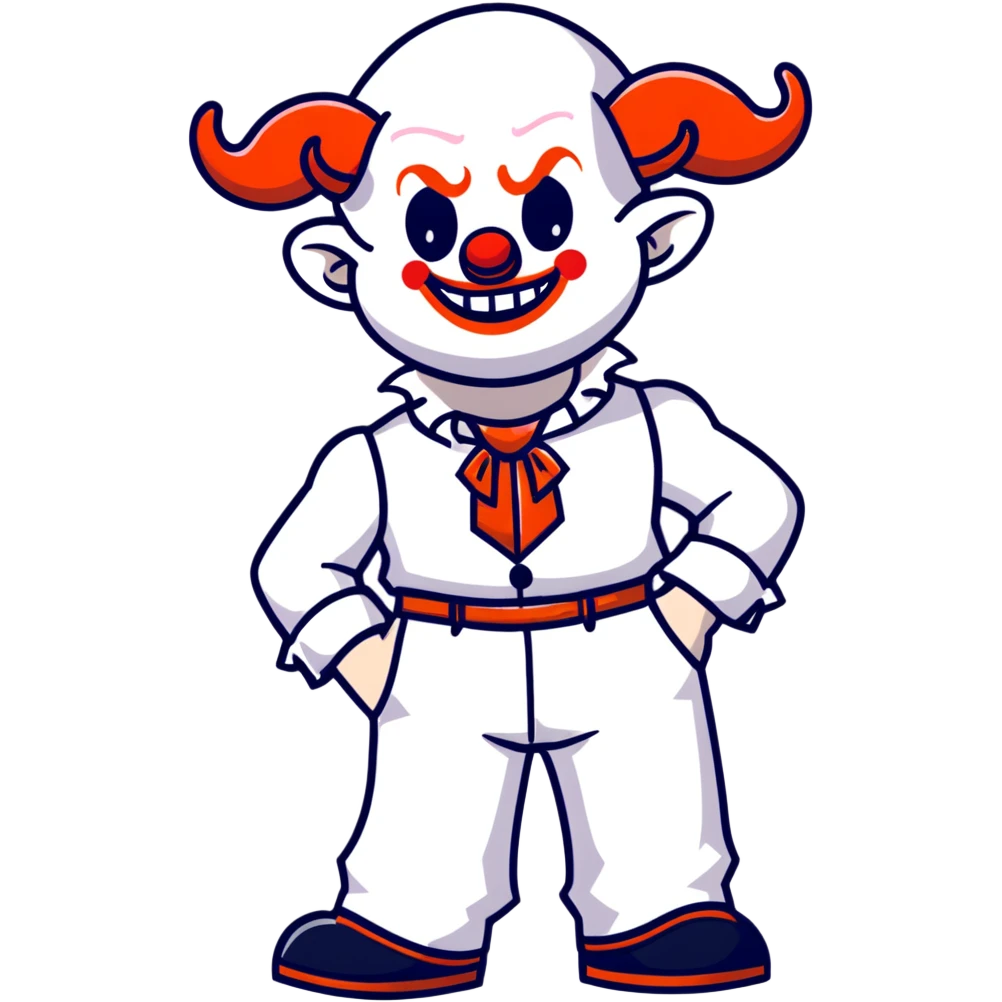 full-body demonic clown in a white leisure suit with bellbottom pants, bald, with black ram horns, flashy belt, ruffled shirt, no neck tie, cartoon sticker style emoji