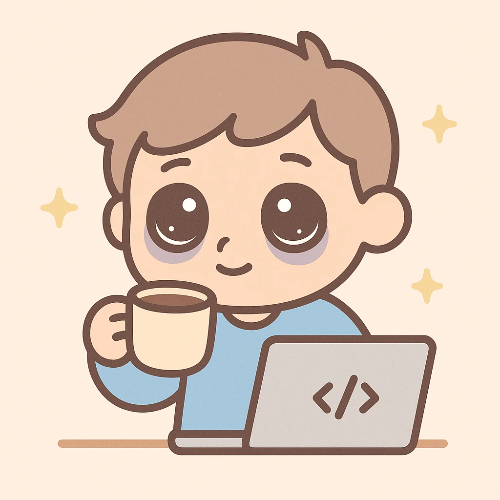 tired programmer with dark circles under his eyes drinking coffee, cute cartoon style emoji