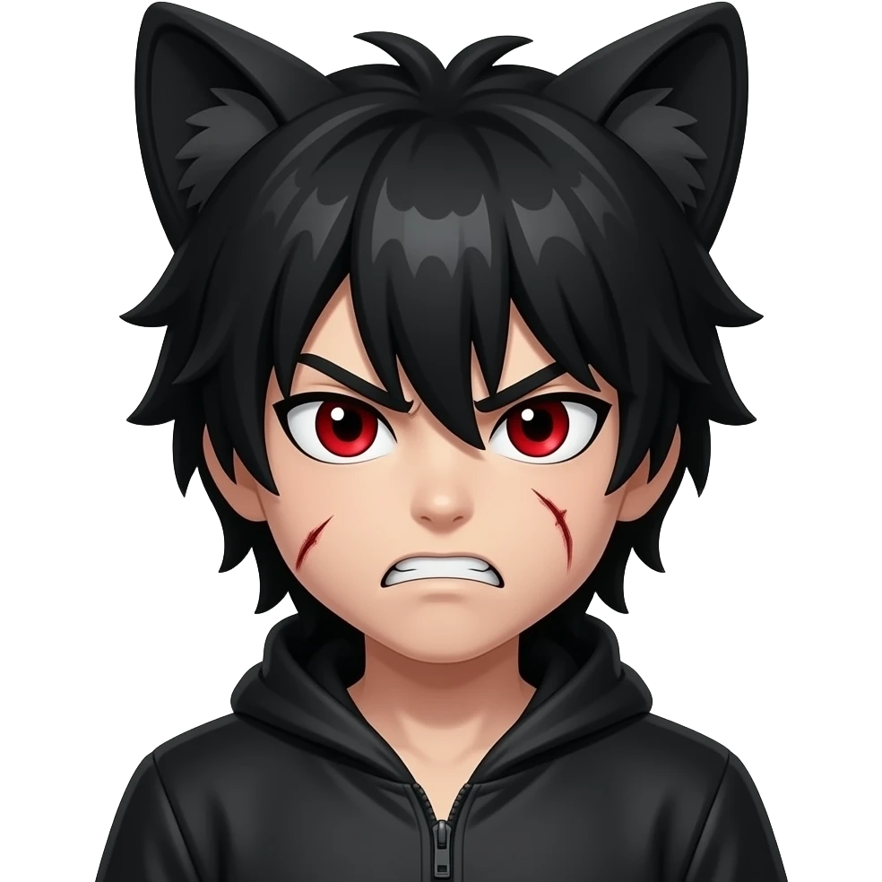 Emo boy with side black fringe with a full buff black alpha furry suit on and red eyes angry with scar emoji