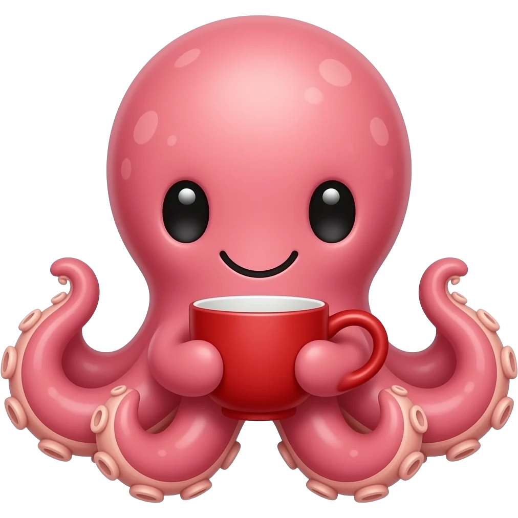 Cute octopus sitting low, holding a red teacup, front-facing whimsical pose emoji