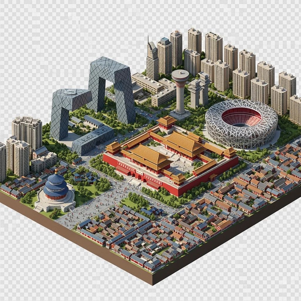 Isometric miniature of Beijing Forbidden City, Tiananmen Square, CCTV Headquarters, Temple of Heaven, Beijing National Stadium and crowded hutong alleys, sprawling apartment blocks, 3D miniature effect and Tilt Shift effect, no cartoonish look, transparent background. emoji