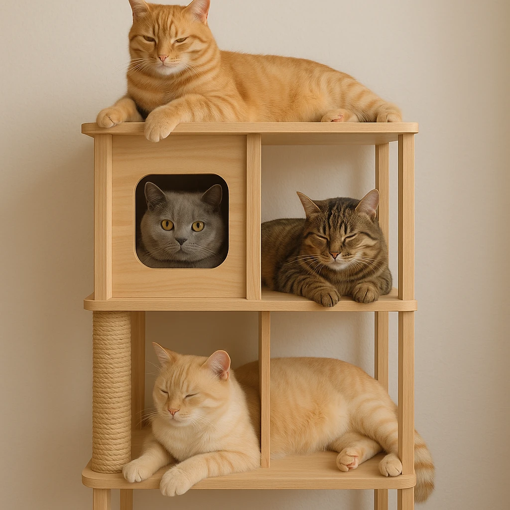 cats relaxing in a vertical playhouse emoji
