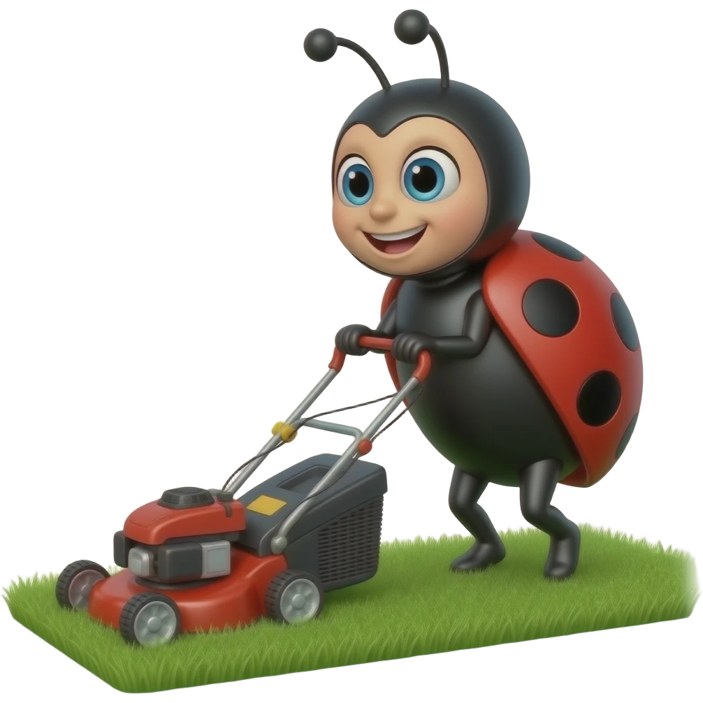 a ladybug mowing the lawn with a lawn mower emoji