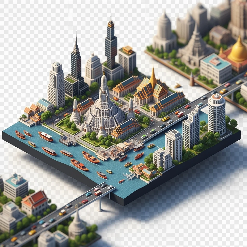 Isometric miniature of Bangkok 3D miniature effect and Tilt Shift effect, no cartoonish look, transparent background. emoji