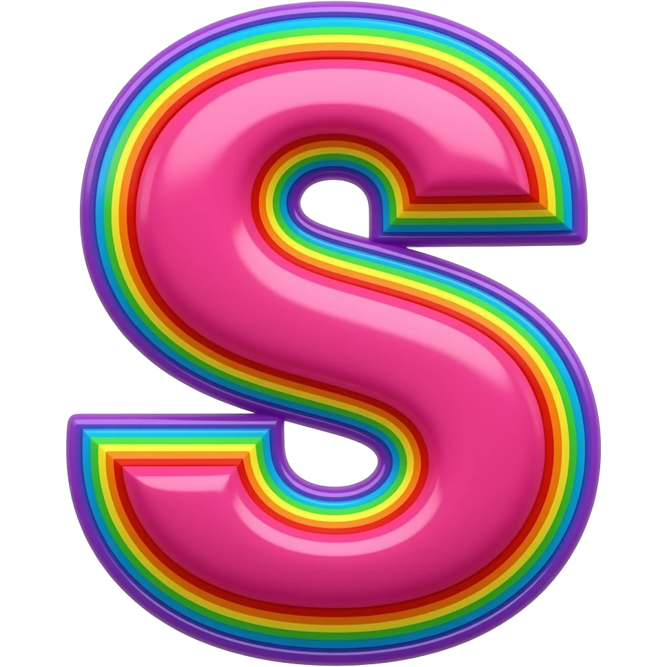 name "s" in hot pink, 3D style typography lettering, each color of the rainbow as a border outlined around each letter, isolated, 3d rendering, no emoji icons no emoji faces and must have no human figures emoji