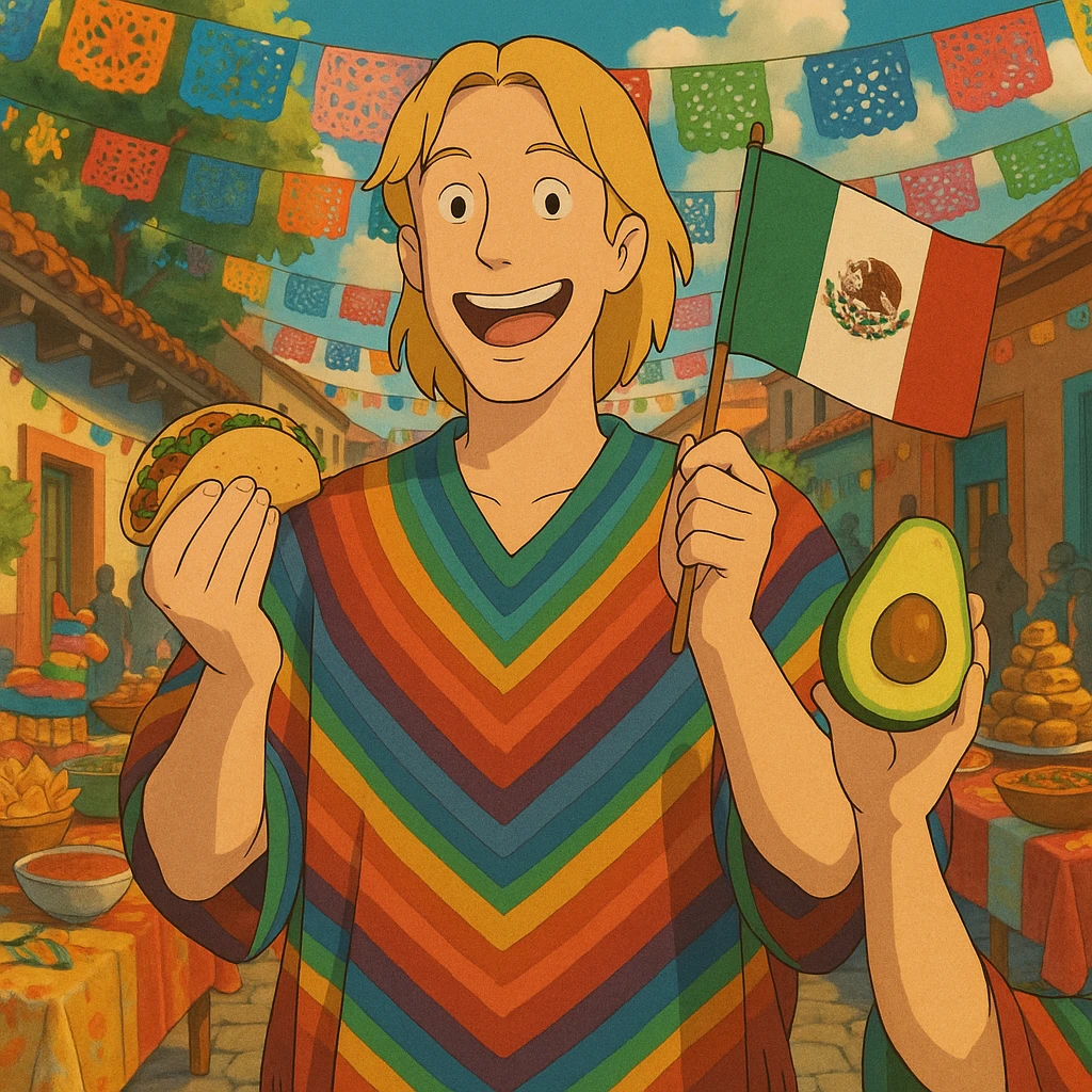 cartoon of a tall blonde American in a colorful poncho, smiling, holding a taco and avocado, waving a Mexico flag, festive street party background with food and decorations emoji