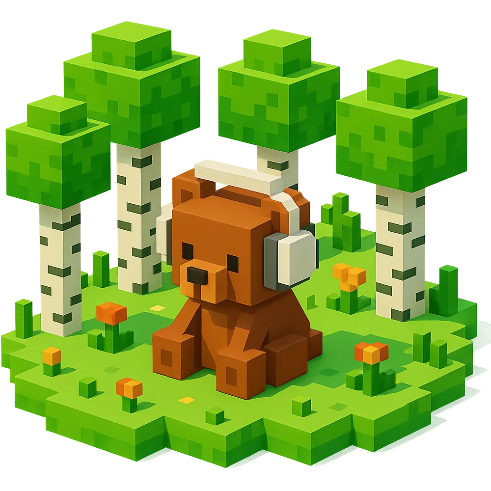 березовый лес, в котором сидит бурый медвежонок в белых наушниках (наушники должны закрывать уши медведя), no background  emoji