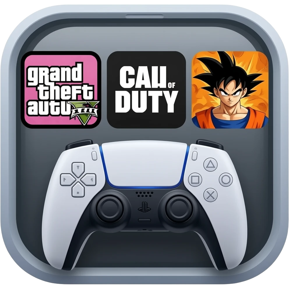 icone avec a l interieur des icone de jeu grand theft auto 5   call off duty et dragon ball z et une mannette ps5 devant emoji