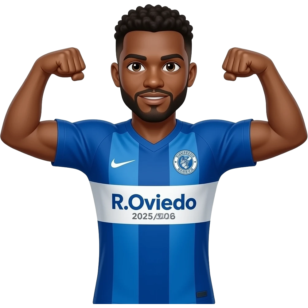 Black man with goatee double arm flex wearing an all blue R.Oviedo 2025/2026 home kit emoji